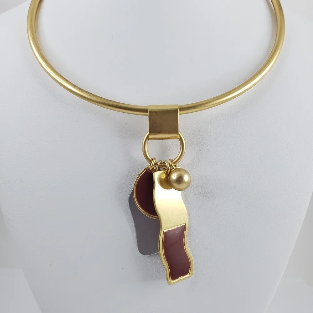 Madewell curved bar necklace - art deco pendants gold + silver tone + red brown - Picture 7 of 9